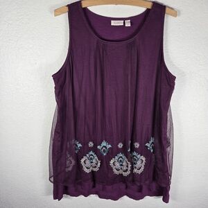 LOGO Layers Lori Goldstein Purple Sz L Tunic Tank Top Mesh Embroidered
